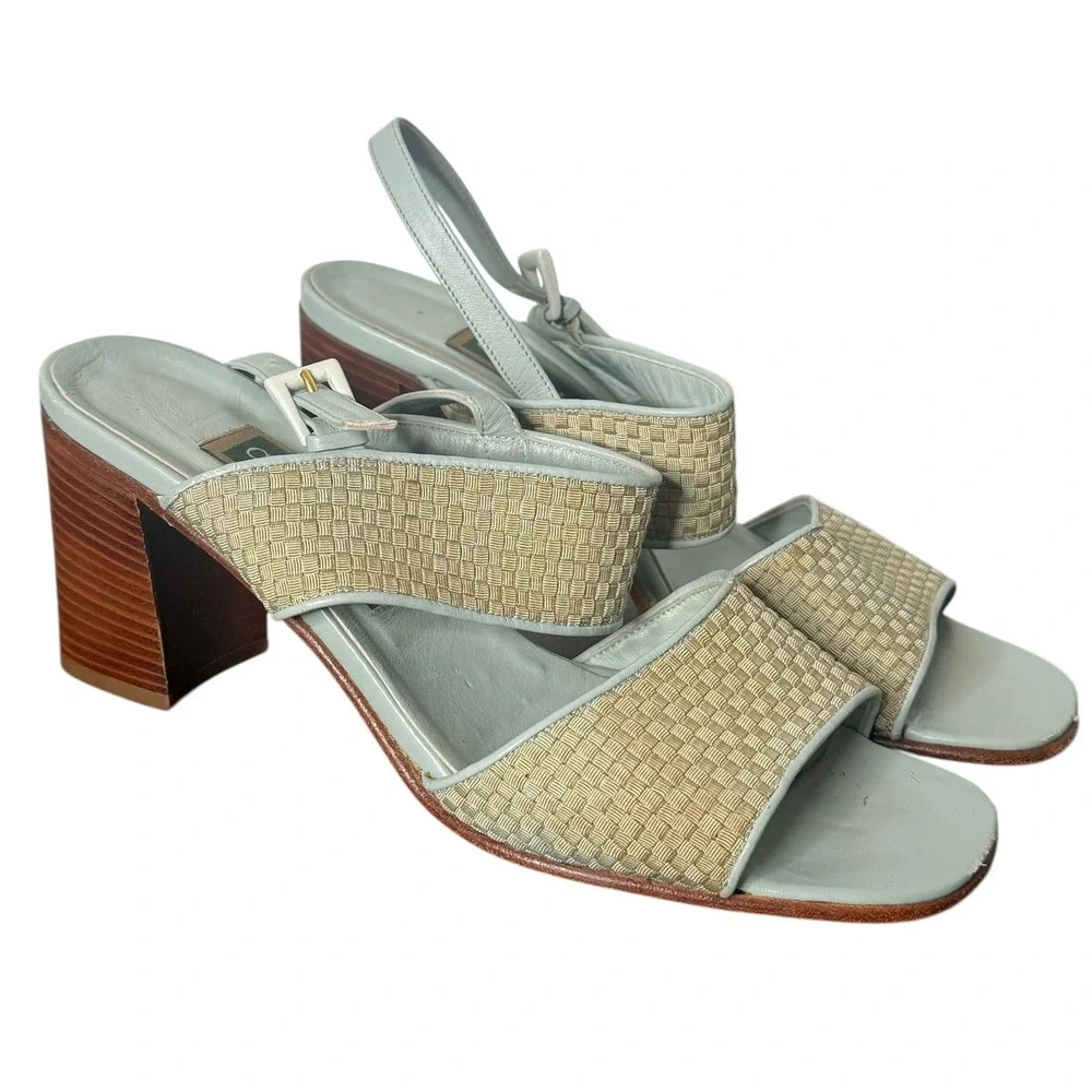 Vintage Woven Leather Sandals 8‎ Blue Chunky Block Heel Boho 90s Cole Haan